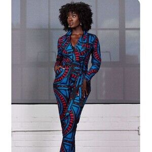 D'iyanu Ankara Jumpsuit Womens 1X Blue Black African Print Pleated Button Front